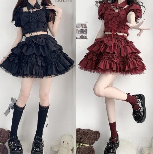 新品 赤 メイド服 可愛い フリル セットアップ