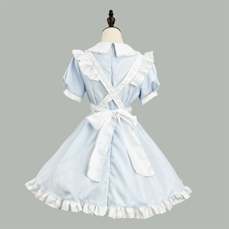 青リボン付き白メイド服ワンピース コスプレ衣装