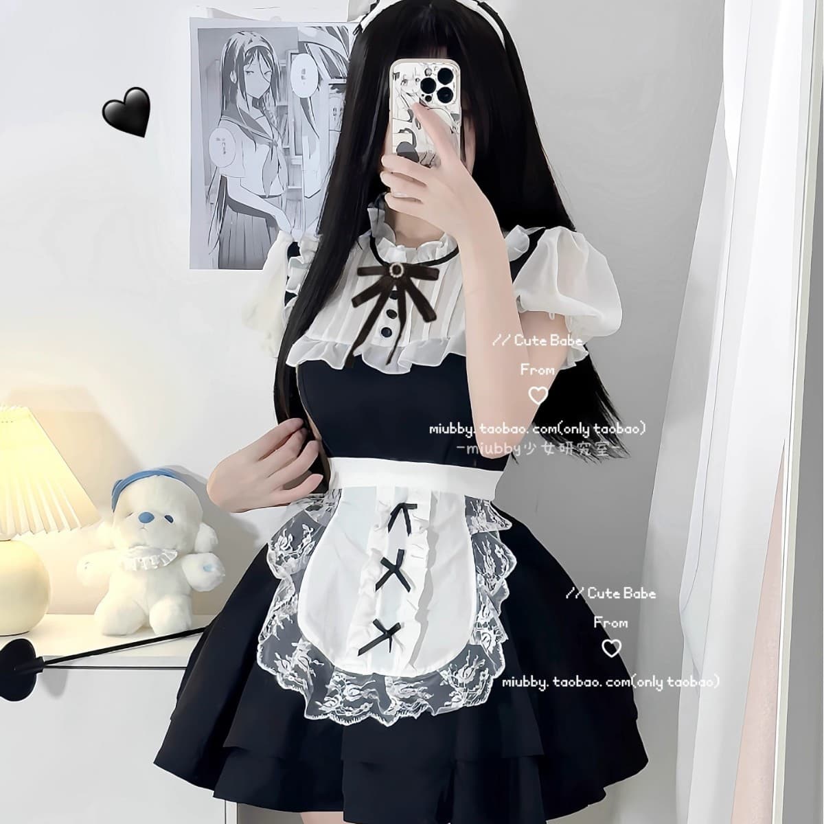 メイド服 編み上げリボン付きフリル襟メイドワンピース