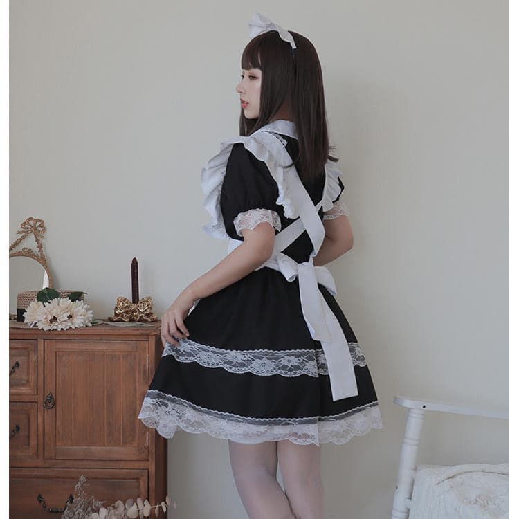クラシック二重レース装飾メイド服変身衣装