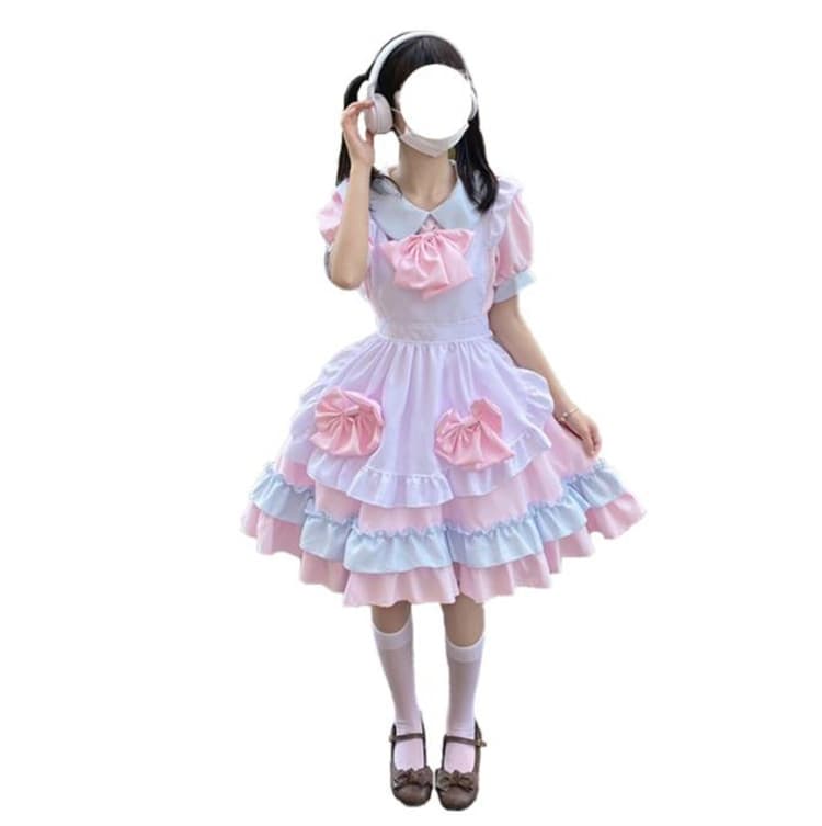 ピンク色フリルリボン付きメイド服ワンピース