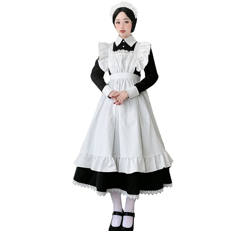 クラシック長袖ロング丈メイド服白黒変身衣装