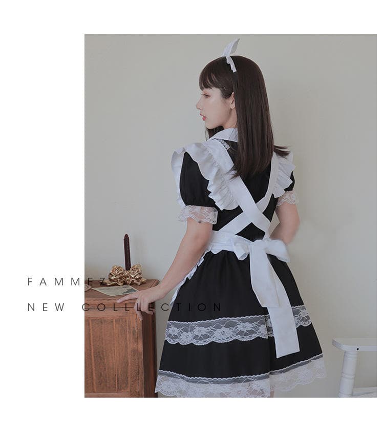 クラシック二重レース装飾メイド服変身衣装