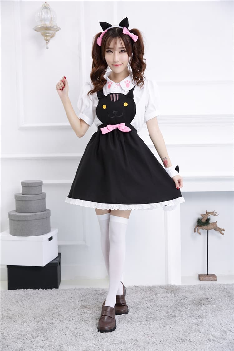 猫耳付きフレンチメイド服ワンピース可愛い動物柄衣装