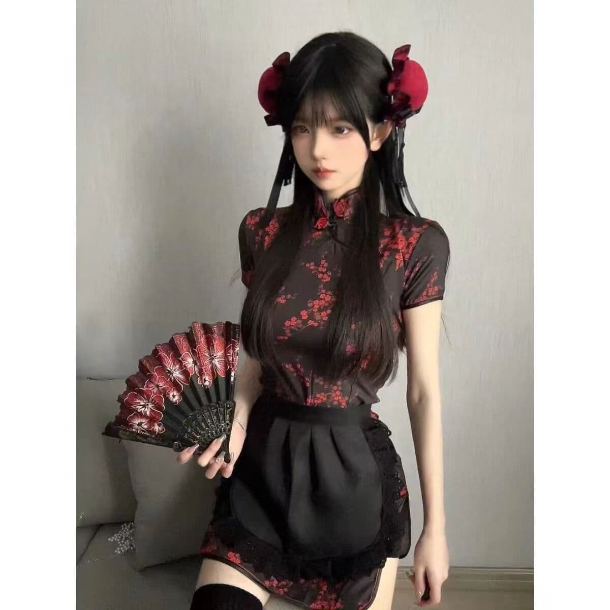 メイド服 華やかな花柄チャイナ風メイド服セット
