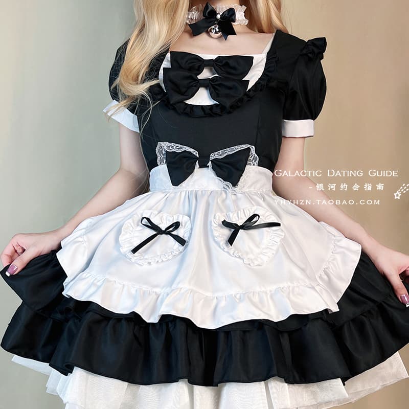 メイド服 豪華多段リボン付きフリルエプロンドレス