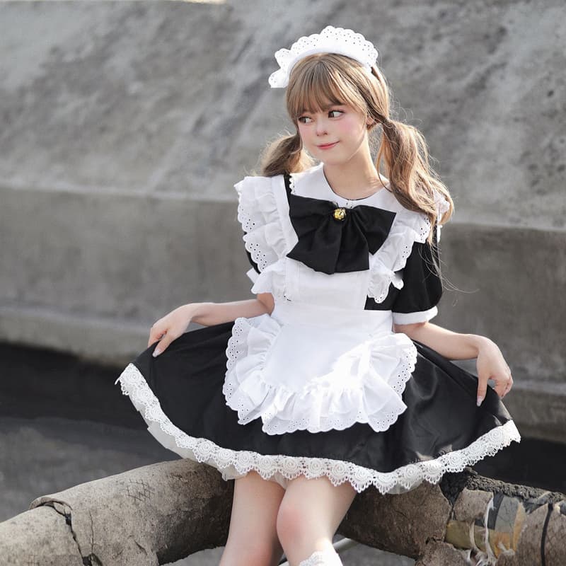 クラシカル黒リボンメイド服大きいサイズ対応コスプレ衣装