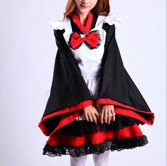 メイド服 黒×赤 和風メイド衣装 コスプレ５点セット