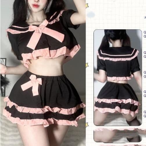 黒猫メイド服 桃色リボン付きセットアップ衣装