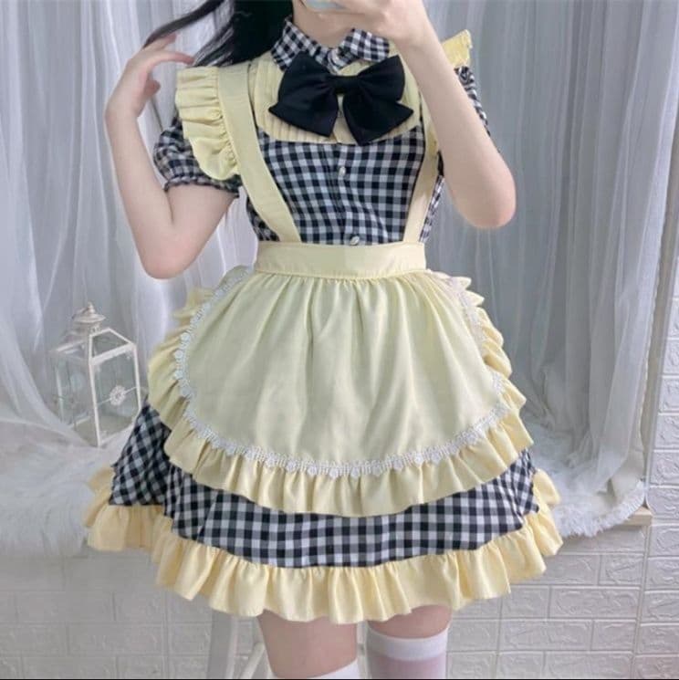 黒白チェック柄 ふんわり優しい着心地 メイド服