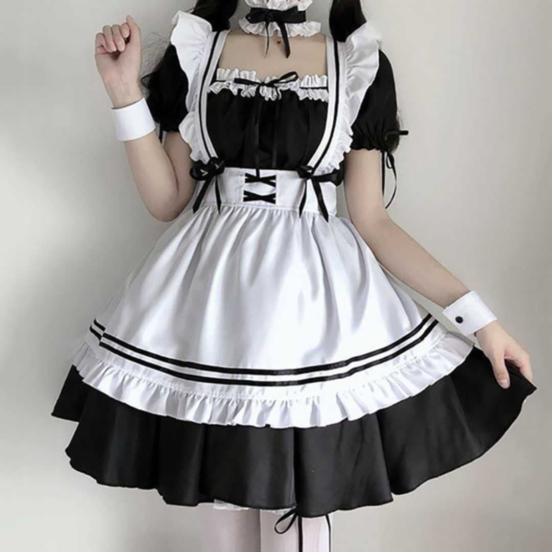 黒メイド服 定番コスプレ衣装 白エプロン付き ハロウィン仮装