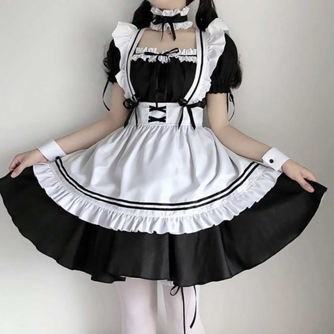 黒メイド服 定番コスプレ衣装 白エプロン付き ハロウィン仮装