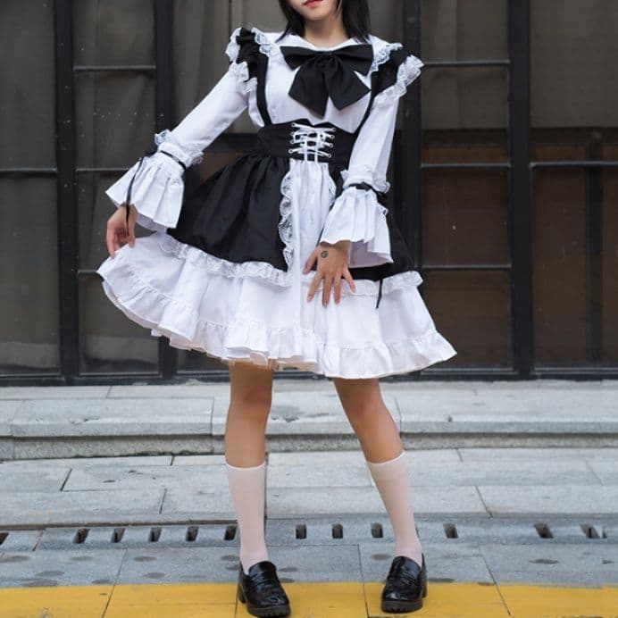 メイド服 フリル装飾付き編み上げコルセット風メイド服