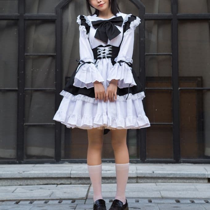 メイド服 フリル装飾付き編み上げコルセット風メイド服