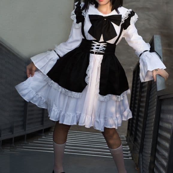 メイド服 フリル装飾付き編み上げコルセット風メイド服