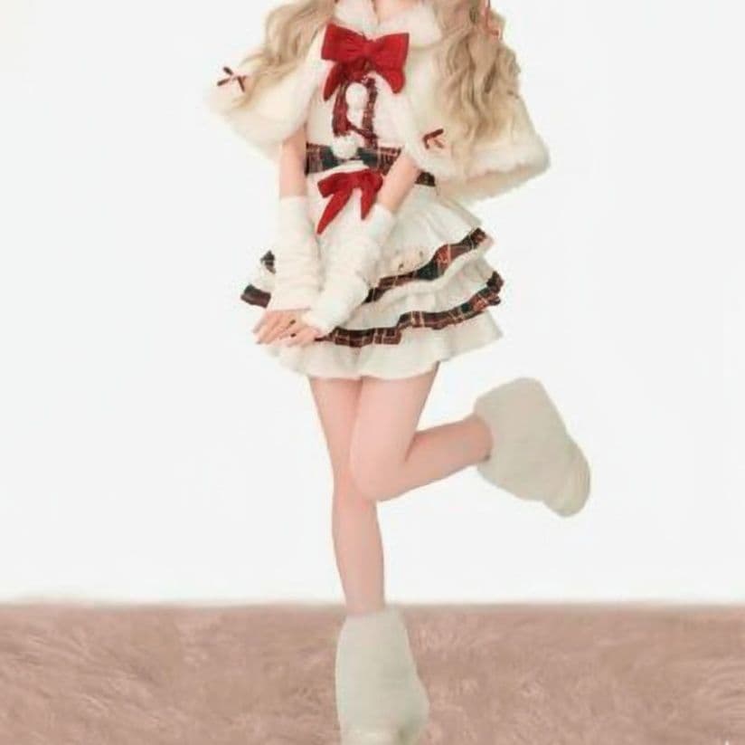 新品 白メイド服 可愛いフリル付きワンピース マント袖カバー三点セット