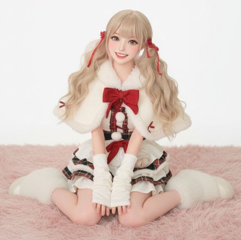 新品 白メイド服 可愛いフリル付きワンピース マント袖カバー三点セット