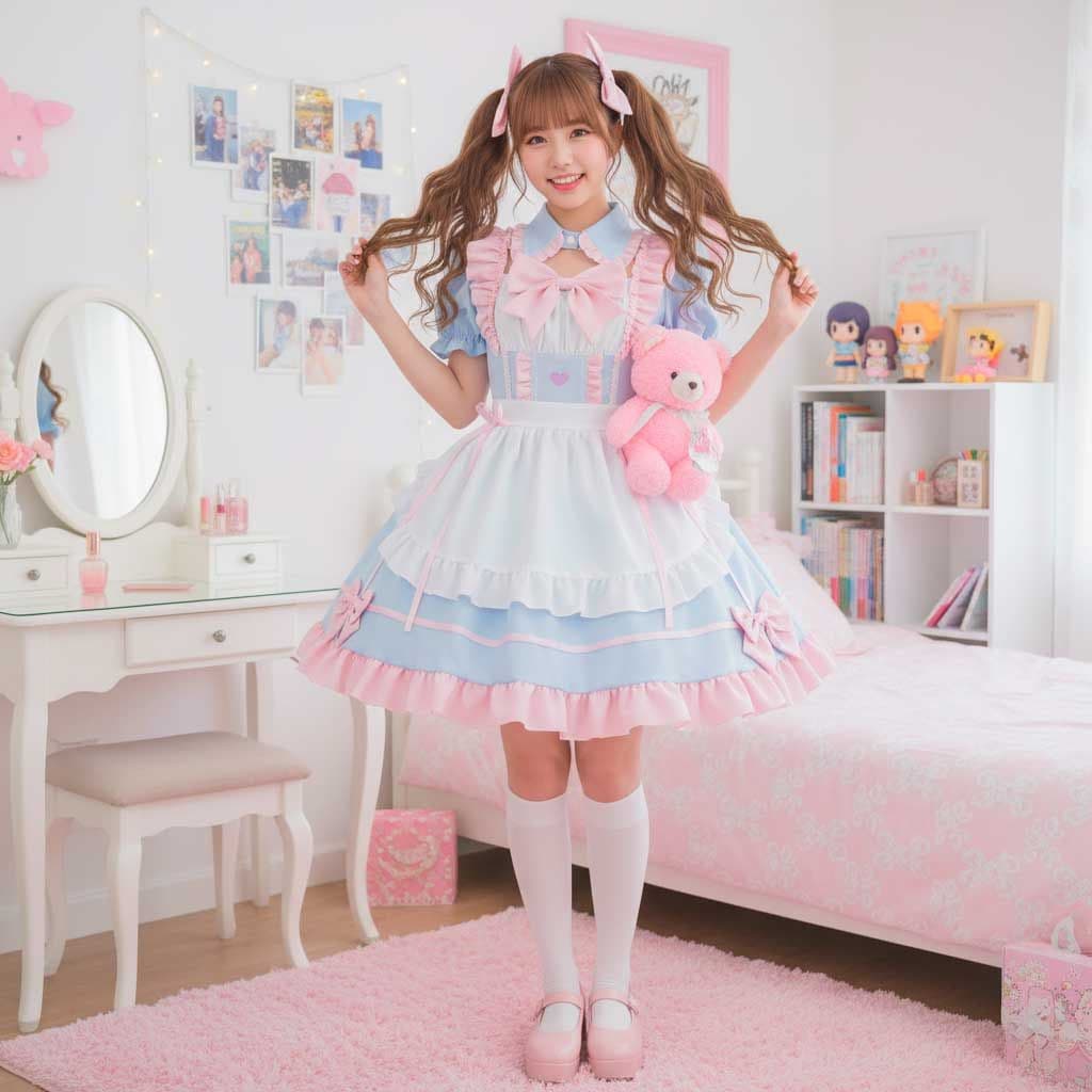 新品 緑フリル可愛いメイド服 桃色ワンピース
