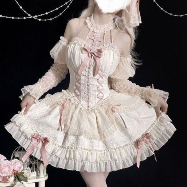 華やか姫系 白メイド服 フリルワンピース セット