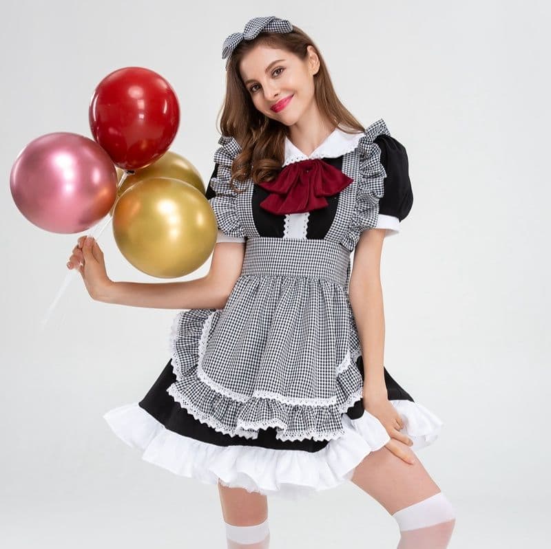 フレンチ風チェック柄エプロンメイド服衣装