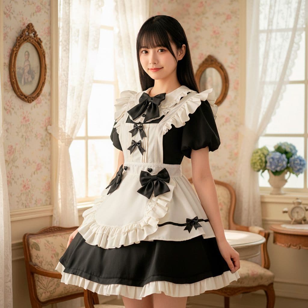 フレンチメイド服 ワンピース 黒白 フリル コスプレ衣装　フレンチ