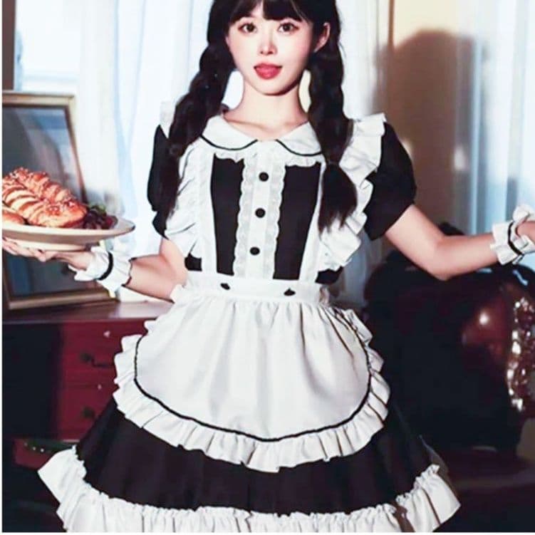 クラシカル黒白メイド服フリル付きワンピース