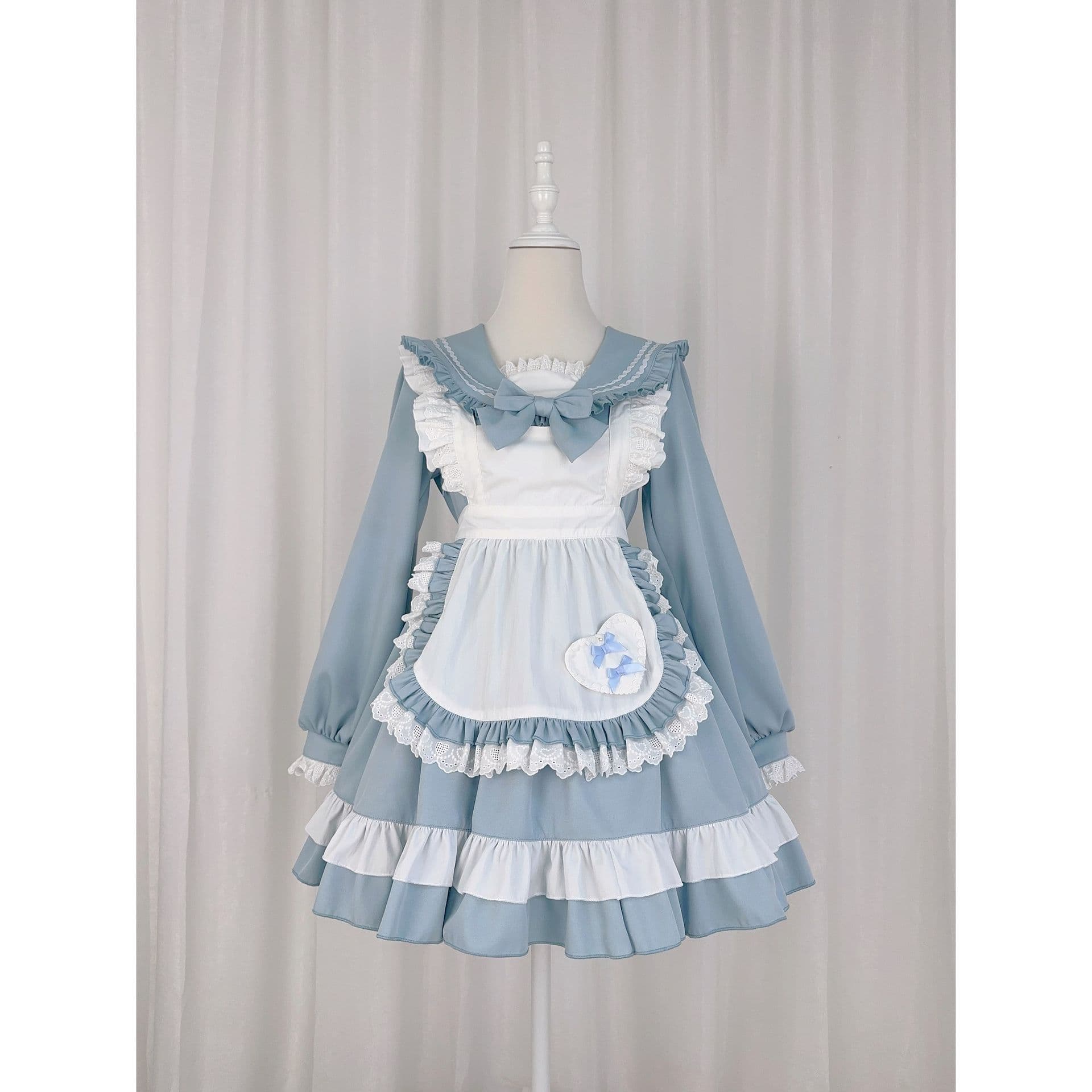 メイド服 優雅な襟元フリル付き長袖メイド服セット