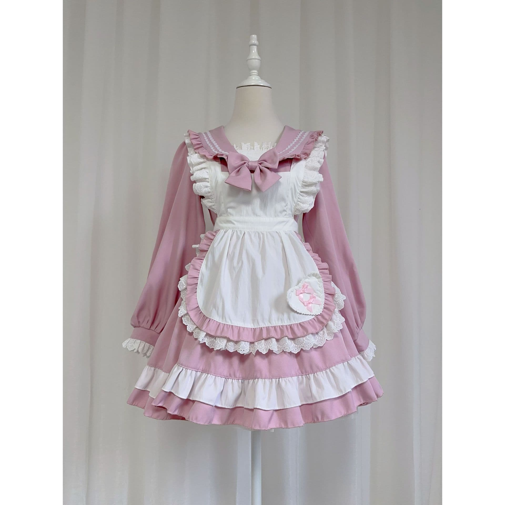 メイド服 優雅な襟元フリル付き長袖メイド服セット
