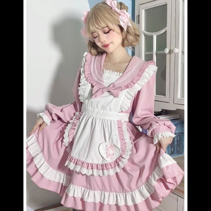メイド服 優雅な襟元フリル付き長袖メイド服セット