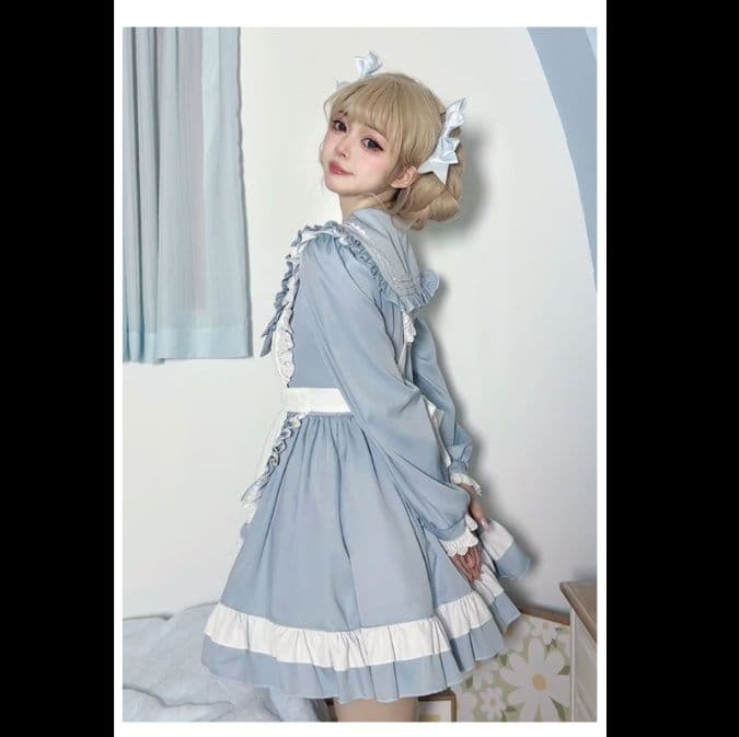 メイド服 優雅な襟元フリル付き長袖メイド服セット
