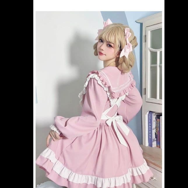 メイド服 優雅な襟元フリル付き長袖メイド服セット