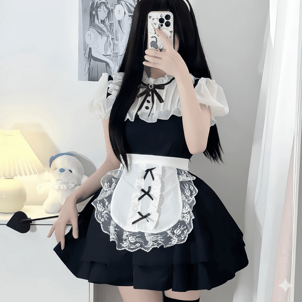 メイド服 編み上げリボン付きフリル襟メイドワンピース