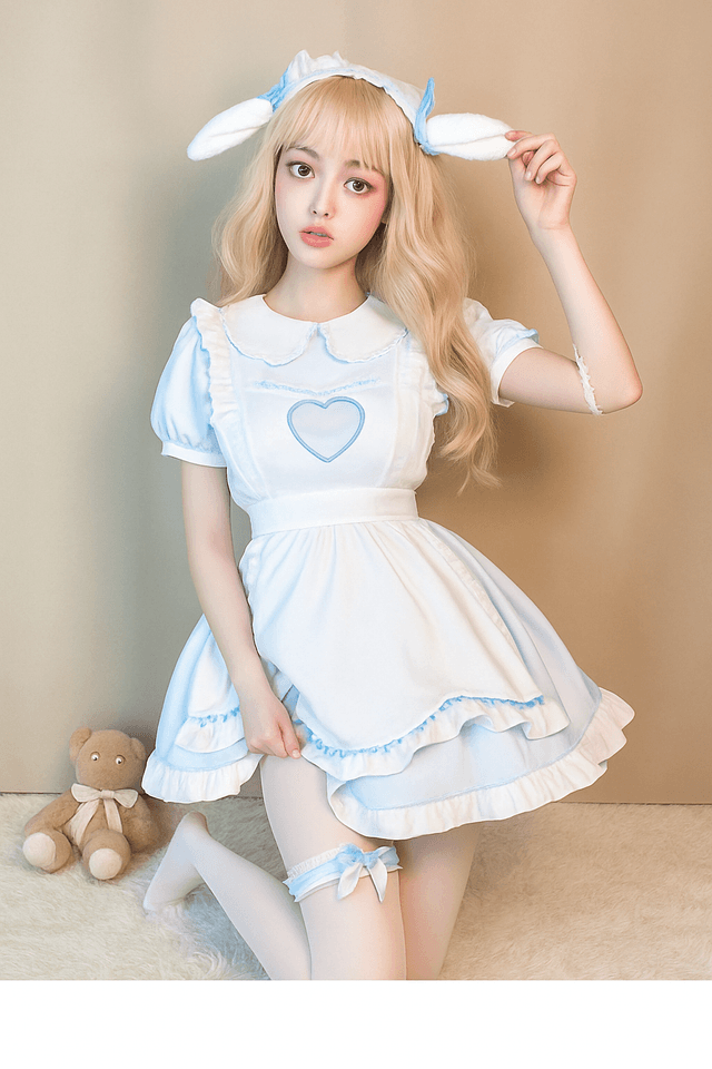 メイド服 レディース ハート刺繍丸襟半袖メイドワンピース