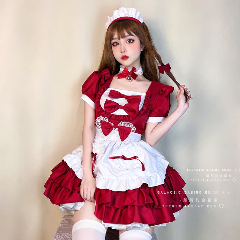 メイド服 豪華多段リボン付きフリルエプロンドレス