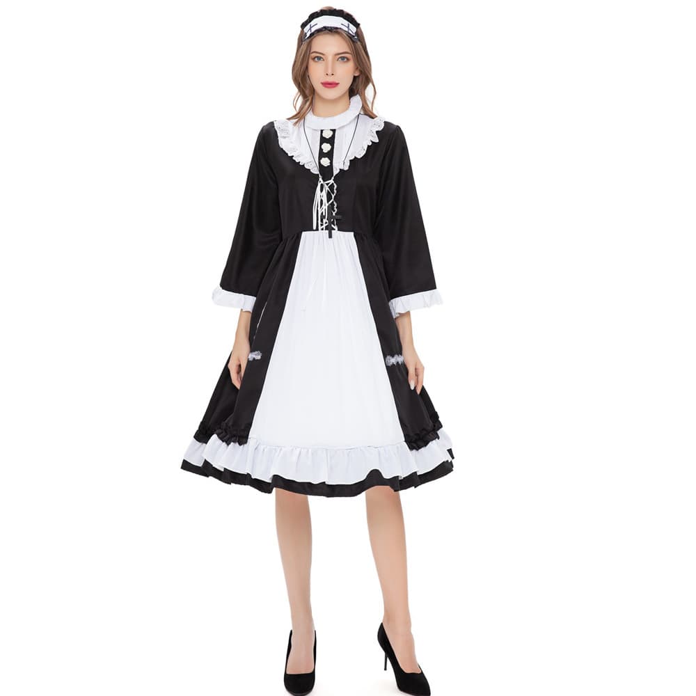 メイド服 クラシカル襟飾り付き長袖メイドワンピース