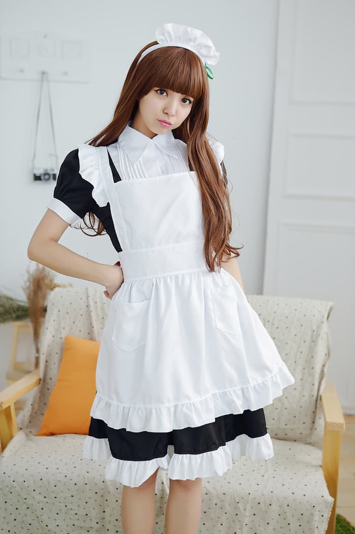 クラシック長袖メイド服 白黒フリル付きロング丈衣装