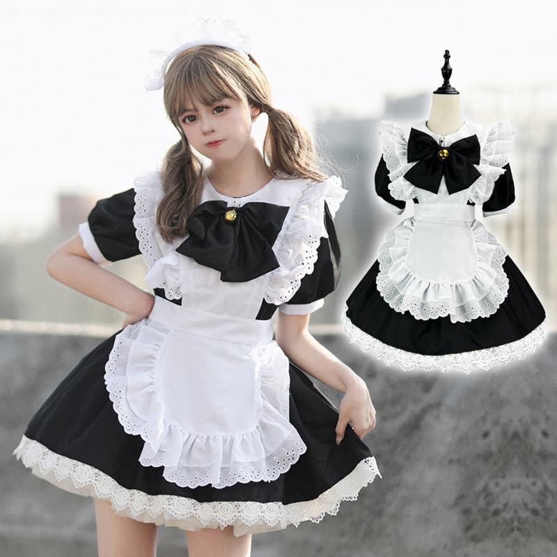 クラシカル黒リボンメイド服大きいサイズ対応コスプレ衣装