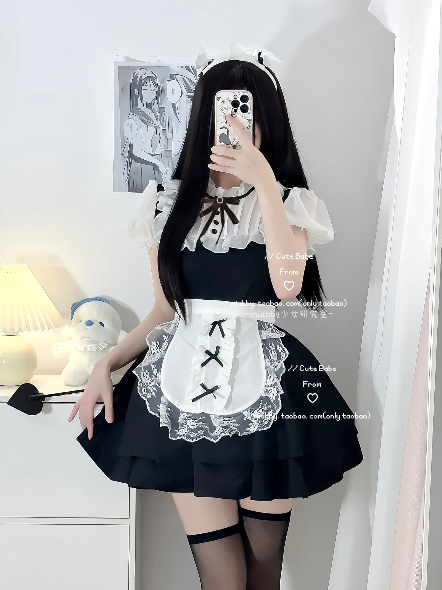 メイド服 編み上げリボン付きフリル襟メイドワンピース