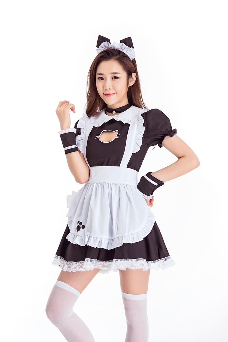 黒猫フレンチメイド服 猫耳カチューシャ付きコスプレ衣装