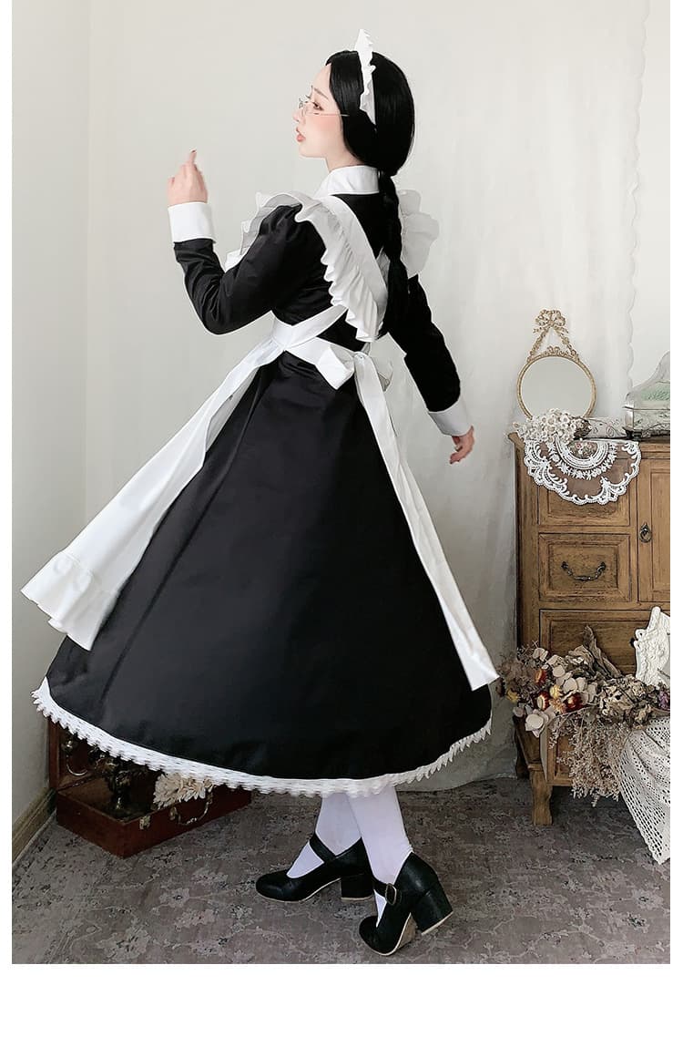 クラシック長袖ロング丈メイド服白黒変身衣装