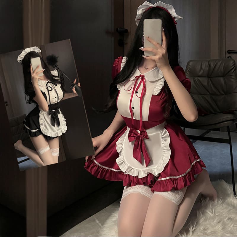 フレンチ風二色つるつる生地メイド服コスプレ衣装