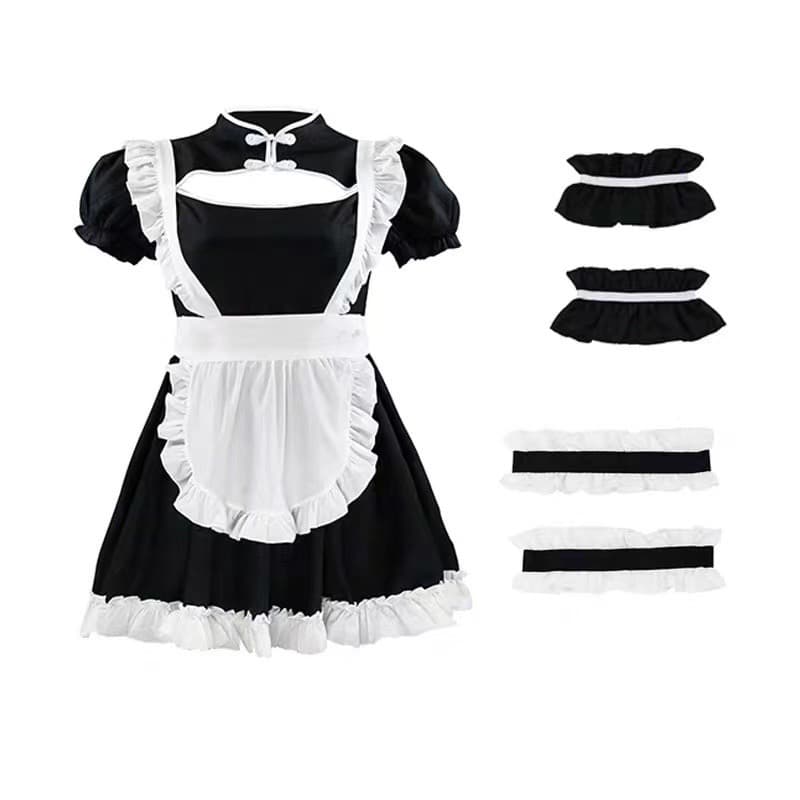 チャイナ風メイド服 黒白フリル コスプレ衣装