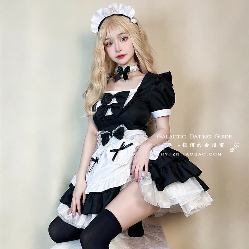 メイド服 豪華多段リボン付きフリルエプロンドレス