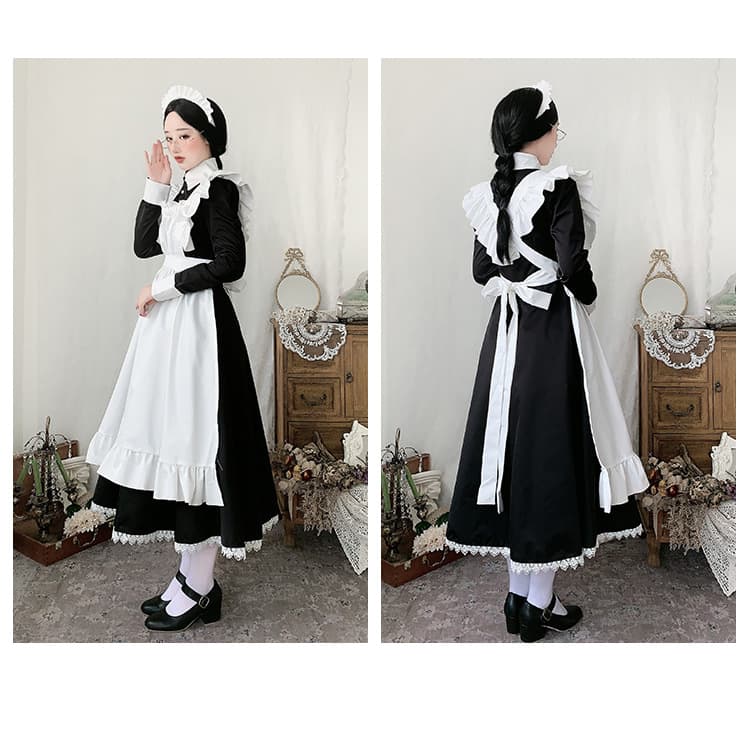 クラシック長袖ロング丈メイド服白黒変身衣装