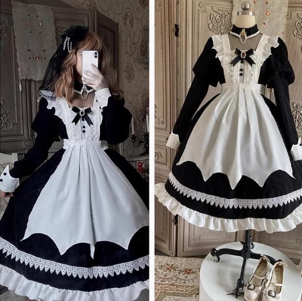 クラシカル メイド服 黒白 長袖ワンピース