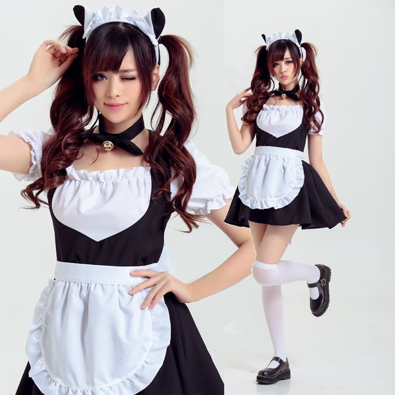 黒×白 鈴付きメイド服 猫耳カチューシャ付き