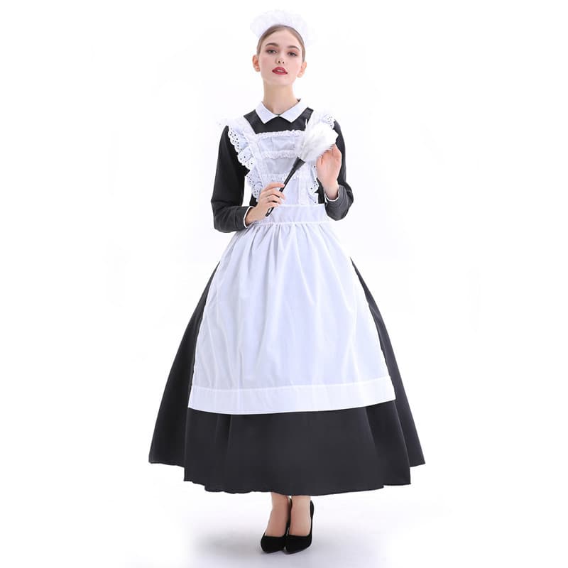 メイド服 クラシック刺繍エプロン付き長袖ヴィクトリアン風メイド服
