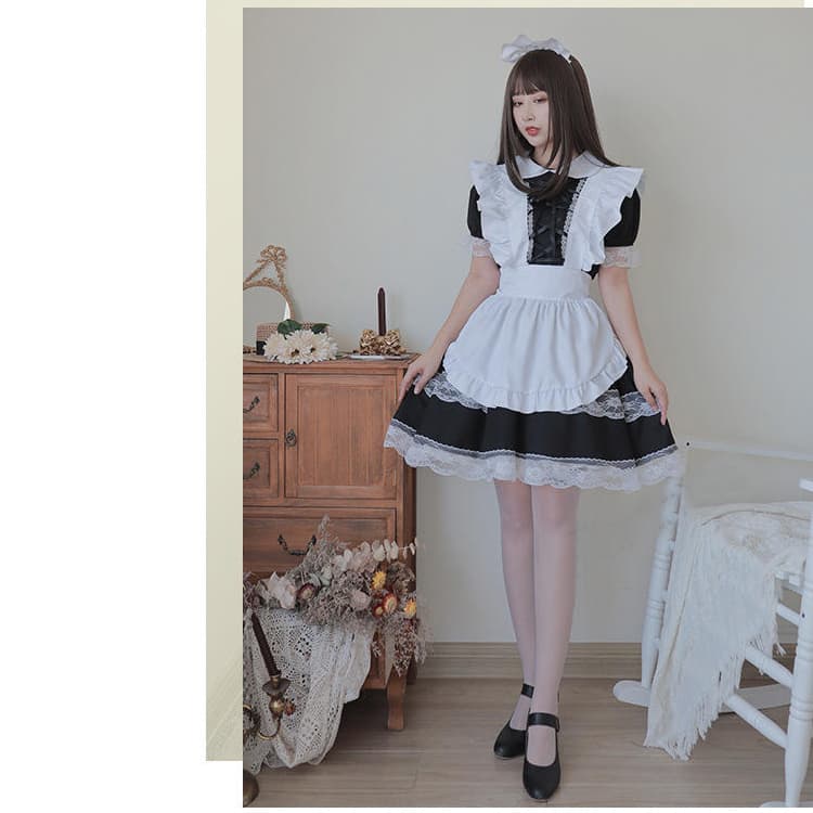 クラシック二重レース装飾メイド服変身衣装