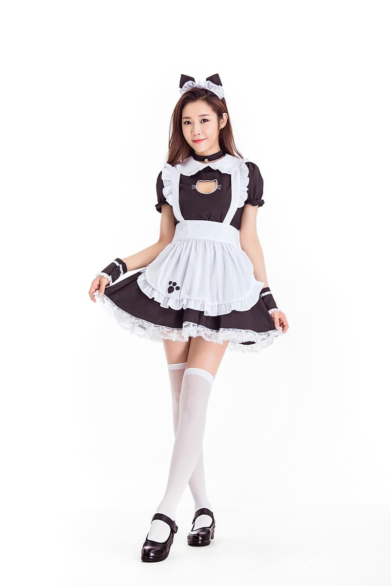 黒猫フレンチメイド服 猫耳カチューシャ付きコスプレ衣装