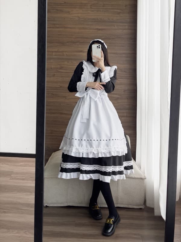 黒ワンピース メイド服 長袖 白エプロン付き コスプレ衣装